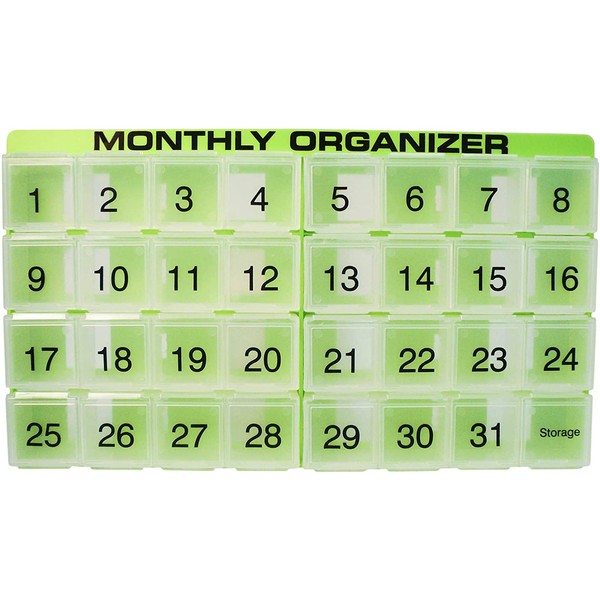 31 compartments, 1 per Day, 4 Week Monthly Pill Organizer by Promed. Includes Tray and 8 Removable compartments. (Green)