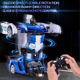 Remote Control Police Cars for Kids,2.4G Transform RC Car Robot Toys,Toy Cars for Boys Ages 6-14,Transforming Racing Car Auto Demo 360 Rotation Drifting 1:18 Scale Boys Xmas Birthday Gifts Blue
