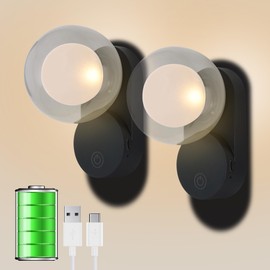 Angestlite Battery Operated Wall Sconce Set of 2, Small Magnetic Rechargeable Battery LED Sconce Light, Globe Glass Wall Lamp 3 Color Lighting Dimmable Wall Mounted Night Light for Bedroom, Black