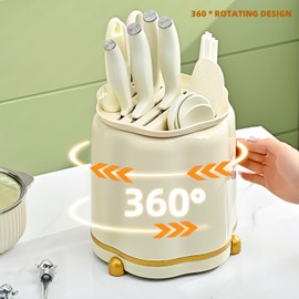 360° Rotating Knife Block,Multifunctional Plastic Kitchen Utensil Holder,Large Capacity Knives Block,Chopsticks Knife Block Utensil Stand for Kitchen Counter (Beige)