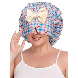 Vettres Double Layer Satin Bonnet for Sleeping with Detachable Eye Mask Adjustable Night Cap for Curly, Natural, Braided Hair Reduces Frizz & Locks in Moisture Blue Cherry