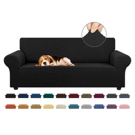 KEKUOU Stretch Sofa Cover Slipcover ，Couch Covers for 3 Cushion Couch Sofa pet Friendly (78"-94") Furniture Protector Sofa with Elastic Bottom for Kids,Dog, Jacquard Small Checked(Large,Black)