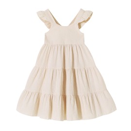 YOUNGER TREE Toddler Baby Girl Dress Summer Outfits Stripe Flutter Sleeve Smocked Dress Kids Causal Boho Dresses Clothes (6-7T, Khaki Stripe)