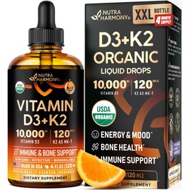 Vitamin D3 K2 USDA Organic Drops - Vitamin D3 10000 IU & K2 as MK-7 120mcg - Immune & Mood Support, Bone & Teeth Health - Sugar-Free Orange Flavor - Liquid Supplement - Made in USA - 4 FL OZ, 120 Days