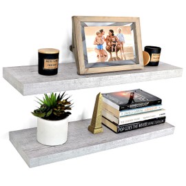 Under.Stated Floating Wall Shelves, 24” Hanging Shelf Set for Living Room, Office, Kitchen, Bathroom &, Perfect Home Room Wall Decor, Rustic Pattern Designed – (Rustic Whitewash Grey 24")