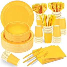 TWOWYHI 228PCS Yellow Party Supplies Set Include Paper Plates Cups Paper Napkins Plastic Spoons Forks Knives for 30 Guests Disposable Party Dinnerware for Birthday Wedding Party Family Picnic