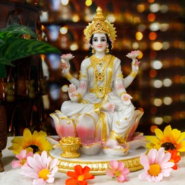 alikiki Indian Goddess Lakshmi Statue - 8.7" H Hindu Laxmi Devi Idol Diwali Gift for Indian Friends Murti Pooja Item Home Office Mandir Temple Altar Puja Decoration (Marble Color)
