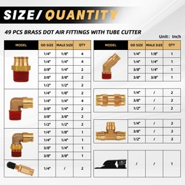 Taiidaues 49 Pcs Brass DOT Air Brake Line Fittings Assortment 1/8" 1/4" 3/8" 1/2" Air Line Quick Connect Push to Connect Air Hose Fittings Repair Kit for Semi Truck or Industrial Air System