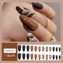 Press on Nails Almond - Brown Black Fake Nails, Fall Matte Nails Press ons with Leaf Designs, Medium Length Glue on Nails for Women, Natural Fit Reusable Stick on Nails - 24Pcs False Nails Kit
