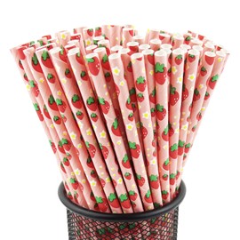 YAOSHENG Premium Disposable Drinking Fruit Paper Straws, Pack 100 Strawberry Paper Straws for Cocktail Party Supplies,Birthday,Bridal/Baby Shower,Juice,Shakes (Strawberry)