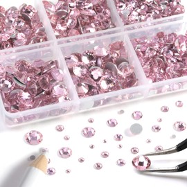 Beadsland 8300PCS Flatback Rhinestones, Pink Rhinestone Round Crystal Rhinestones for Crafts, Mixed 10 Sizes with Wax Pencil and Tweezer Kit, SS3-SS30, Light Rose/Light Pink