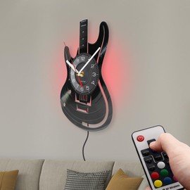 Timethink 12 Inch Guitar LED Wall Clock with 7 Luminous Modes, Musical Instruments Clock Remote Control Silent Guitar Shaped Wall Clock for Music Room Rock N Roll Decor Music Lovers Guitarist Gifts