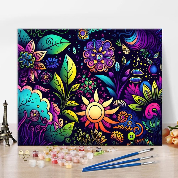 Painting by Numbers for Adults, DIY Dreamy Big Flowers Colorful Plants Paint by Numbers, Modern Abstract Surreal Art Paint by Numbers Kits and Acrylic Pigment, 16x20 Inch Frameless Home Decor