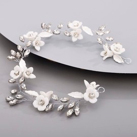 Chargances Bride White Flower Headband Wedding Crystal Hair Vine Bridal Leaf Rhinestone Headpiece Handmade Hair Accessories for Women and Girls (Silver)