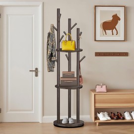 UFLJPKS Freestanding Coat Rack, Solid Pine Wood Rotary Coat Tree with 3 Shelves and 9 Hanging Handles, Coat Hanger Stand for Bedroom, Entryway, Livingroom(Walnut Color)