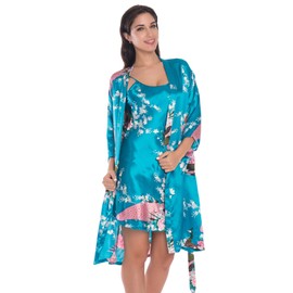Women's Satin Nightgown with Robes Set 2 Piece Floral Sleepwear Sexy Slip Gown Pajamas Set Silky Nightwear, Sea Blue X-Large