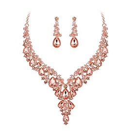 Clearine Wedding Bridal Jewellery Set Teardrop Rhinestone Cluster Statement Necklace Dangle Earrings Set Costume Jewellery for Women Peach Rose-Gold-Tone