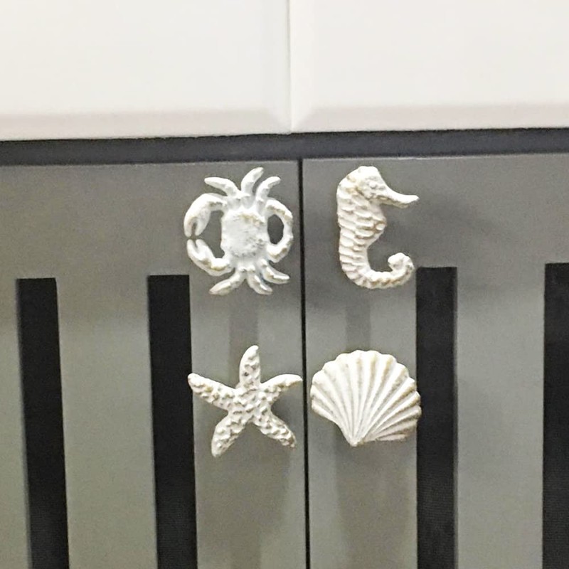 dophee 4PCS/Set Mediterranean White Iron Knobs, Sea Horse, Crab, Shell,