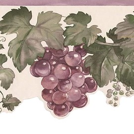 Concord Wallcoverings Wallpaper Border Fruit Pattern Grapes Leaves, Die Cut Edge for Cottage Kitchen Dining Room, Cream Green Purple, 15 Ft by 7.5 In BB75958DC