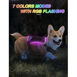 PcEoTllar Light Up Dog Harness, Rechargeable Lighted Tactical Dog Harness, RGB LED Dog Harness, Outdoor Adjustable Dog Vest, for Night Walking, Hiking,Training, L