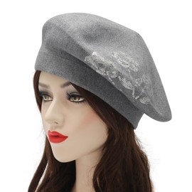 ZLYC Womens Reversible Cashmere Beret Hat Double Layers French Beret(Sequin Flowers Gray)
