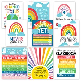 9 Rainbow Classroom Decor Signs - Welcome Sign For Classroom Motivational Posters For Classroom Bulletin Board Decorations, Growth Mindset Classroom Posters Elementary, Middle School, Classroom Rules