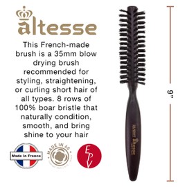 Altesse 1238P Boar Bristle Round Brush for Blow Drying (35mm) Small Dark Beechwood Handle with 8 Rows Boar Bristle Hair Brush Round Hair Brush for Women Short Hair of All Types. Handmade in France