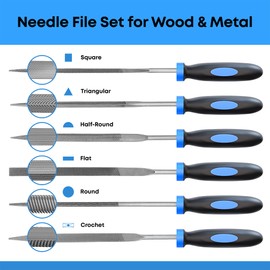 EffektWerk - 6-pc Needle File Set for Wood, Metal, Plastic & Jewellery - Small Round, Half-Round, Square, Triangle, Flat & Flat Pointed Files - Handy Tools for Fine Finishing w/Ergonomic Handles