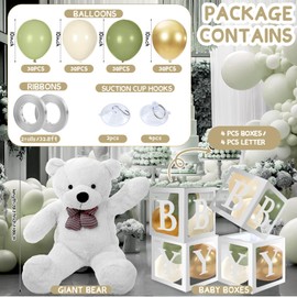Silipull 133 Pcs Baby Shower Decorations Set with Cute Giant Plush Bear Clear Baby Shower Block Boxes Various Colored Balloons, Ribbon, and Hooks for Gender Neutral Boy Girl Birthday Party (White)