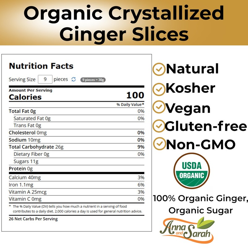 Organic Crystallized Ginger Slices Kosher Non GMO Sweet and Spicy