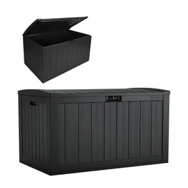 Suncast 134-Gal. Waterproof Resin Extra-Large Outdoor Patio Deck Box with Pad-Lockable Lid, Modern Outdoor Patio Bench/Storage Box for Cushions, Garden Tools, and More, Iron Ore
