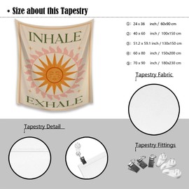 Boho Sun tapestry wall hanging Inhale Exhale Yoga Meditation Wall Art，Motivational Quote vintage tapestry for Bedroom Aesthetic room tapestry Decor 24"x36"