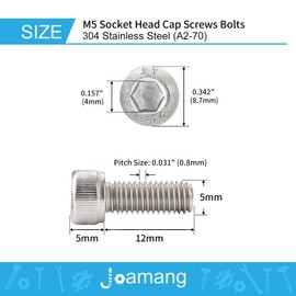 Joamang M5-0.8 x 12mm 100Pcs Socket Head Cap Screws Bolts, M5 x 0.8 Bolts, 304 Stainless Steel (A2-70), Metric Allen Hex Drive, Bright Finish, Fully Threaded