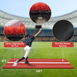 Heavy Duty Softball Pitching Mat 10'x 3', with 0.8in Thick Pitching Rubber/Mound, High Density Anti Fading Lawn, Anti Slip Rubber Backing, Indoor and Outdoor Pitching Practice