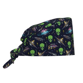 Alien Dress Green Aliens Face Planet Plnaets Working Cap for Women Men, Scrub Cap with Sweatband Adjustable, Unisex Tie Back Hat, Nurse Surgical Caps