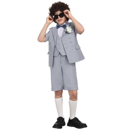 Boy Suits Kids Tuxedo Grey Short Suit for Boy Wedding Ring Bearer Outfit Jacket Vest Pants Suspenders Shirt with Tie Size 8