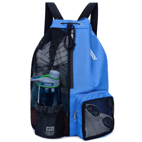 WANDF Swim Bag Mesh Drawstring Backpack with Wet Pocket Beach Backpack for Swimming, Gym, and Workout Gear (Navy blue)
