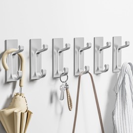 Qiuzido Silver Self Adhesive Hooks - 6 Pack Stick on Hanger for Coats, Towels and Robes, Double Hooks for Door, Kitchen, Bathroom, Shower, Rental Houses, Hold 10lbs.