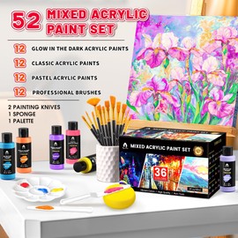 52 PCS Classic & Pastel & Glow in the Dark Acrylic Paint Set with 12 Brushes, 2 Knives and Palette, 36 Colors (2oz/60ml) Art Craft Paints Gifts for Adults Kids Artists Beginners, Art Supplies
