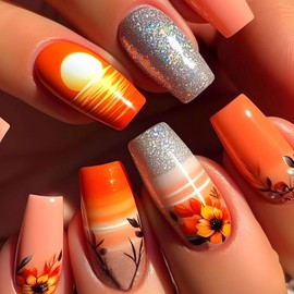 Medium Press on Nails Coffin Fake Nails with Silver Glitter Leaves Lines Flower Sunset Designs French Tip Glue on Nails Acrylic Full Cover Glossy False Nails Artificial Stick on Nails for Women 24Pcs