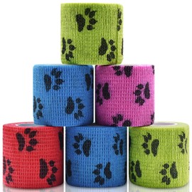 6 Roll 2 Inch x 5 Yards Paw Print Pet Vet Wrap for Dogs Cats, Cohesive Bandages in Bulk, Colorful Non-Woven Self Adhesive Bandages Wrap Roll for Pet Animals Wound Care, Ankle Sprains and Swelling