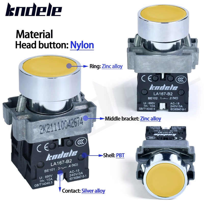 2Pcs 22MM Momentary Push Button Switch 10Amp Yellow 1NO 1NC