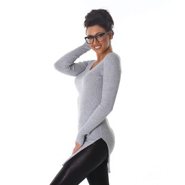 Voyelles Women's Long Jumper Stretch Long Sleeve Plain Fine Rib Leg Slit Hip Slit, Side slit, grey