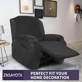 ZNSAYOTX Stretch Velvet Recliner Covers 4-Pieces, Thicker Soft Plush Recliner Chair Slipcover with Side Pockets, Washable Luxury Dog Cat Pets Proof Reclining Protector (Recliner, Black)