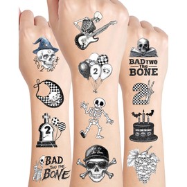 192 Pieces Bad Two The Bone Black and White Temporary Tattoos Stickers,20 Sheets 2nd Birthday Skeleton Themed Tattoos Stickers Party Decoration Supplies Party favors