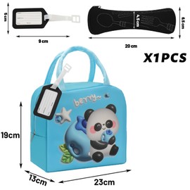 LAPOPNUT Kids Lunch Bag for Girls Boys Students,Reusable Cartoon Insulated Lunch Box,Easy Clean Waterproof Lunch Holder for Travel Picnic School,with Cutlery Bag and Name Tag,Blueberry Panda