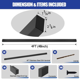 Gyykzz 4FT Stainless Steel 304 Handrail Black 2Pack, Rectangular Handrail Flat Top Rail with SS304 End Cap and POM Connecting Blocks for Indoor Outdoor Deck Stair Cable Railing System DIY Balustrade