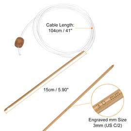 HARFINGTON Bamboo Tunisian Circular Crochet Hook 3mm (US C/2) Afghan Wood Knitting Hook Needles with Cable and Bead End for Weave Crocheting Craft Yarn, Brown