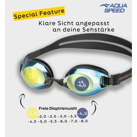 Aqua Speed Lumina Swimming Goggles with Optical Lenses, Dioptres, Anti-Fog Protection, Super Fit, Adjustable Nose Bridges & Box, Diopter -2.5, Black/Mirrored