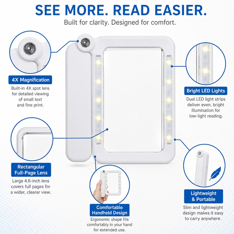 4X LED Handheld Magnifier for Reading – Rectangular Full-Page Magnifying